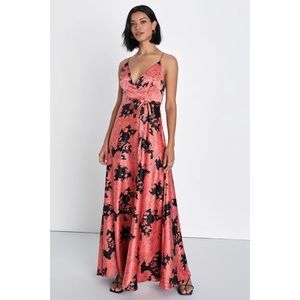 Tea Gardens Rusty Rose Floral Print Satin Maxi Dress Size M